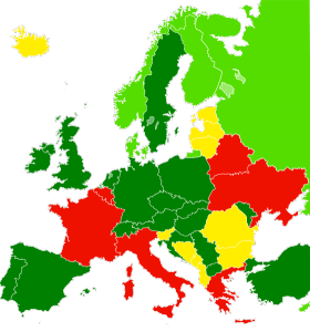 Abast actual de la llibertat de panorama a Europa. Verd fosc (OK, incloent obres d'art), Verd clar (OK, només per edificis), Groc (OK, només per ús no comercial), Vermell (prohibit)